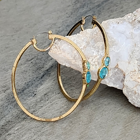 Jewelry - Gold-Tone Hoop Earrings with Aquamarine Accents